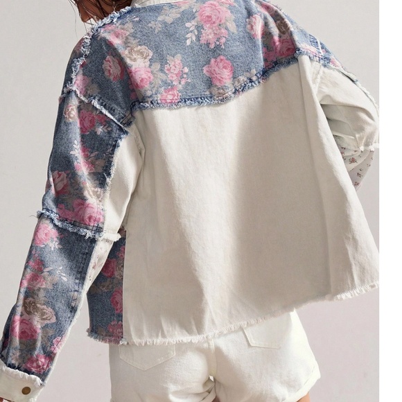 Western Floral Print Frayed Snap Button Oversized Denim Jean Jacket Shacket - Picture 5 of 5